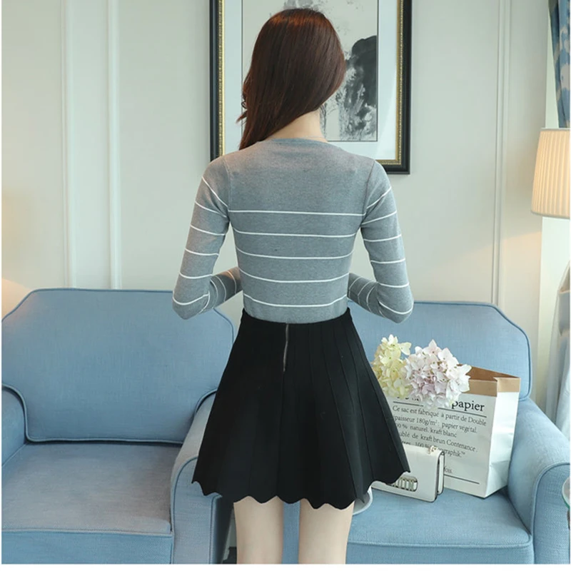 2018 New Autumn Women Sweater Pullovers Basic Tops Elastic force Slim O-neck Knit Casual stripe Long-Sleeve Sweaters Female | Женская