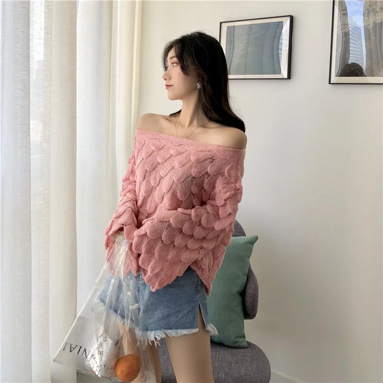 Solid Sexy Sweaters Fashion 2018 Women Loose Slash Neck Knitted Pullovers Long Sleeve Hollow Out Winter Tops for | Женская одежда