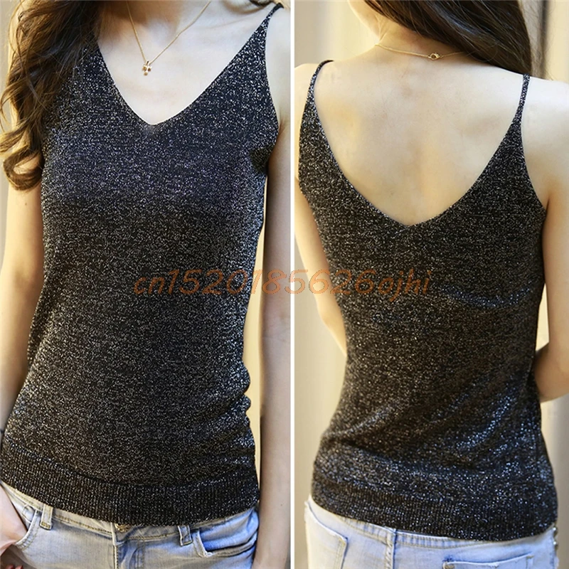 

Glittering Vest Knitted Women Camisole Vest Stretchable V Neck Slim Sexy Strappy Tank Tops #H030#