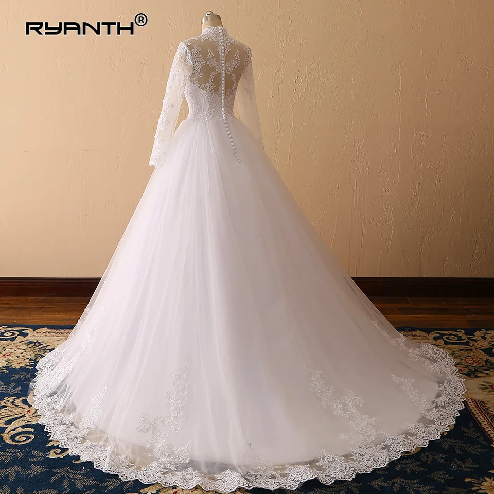 Женское свадебное платье с длинным рукавом бальное невесты высоким воротником