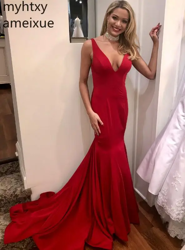 Sexy Red Cheap Mermaid Open back Evening Dresses 2021 Backless Noche Deep V Neck Cheap Formal Custom Prom Gowns Dress Plus Size