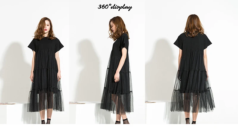 [EAM] autumn Trend New Large Size Long Big Size Net Yarn Spliced Black O-neck Short Sleeve Sexy mesh Dress Woman 5XL 3361