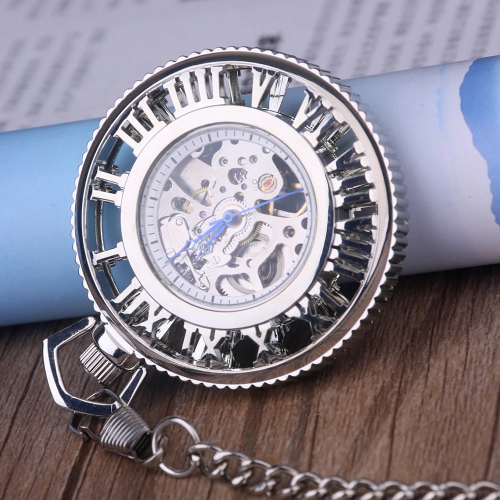 Luxury Silver Hollow Direct Display Roman Style Automatic Mechanical Pocket Watch for Men and Gentlemen Best Accessory Clock