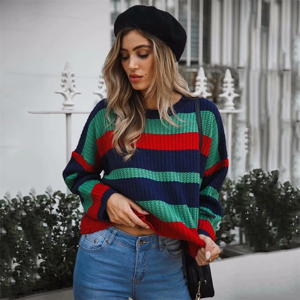 Sweater Women Autumn Winter Short Cotton Jersey Pullover Striped O-neck Jumper For Female Loose Causal | Женская одежда