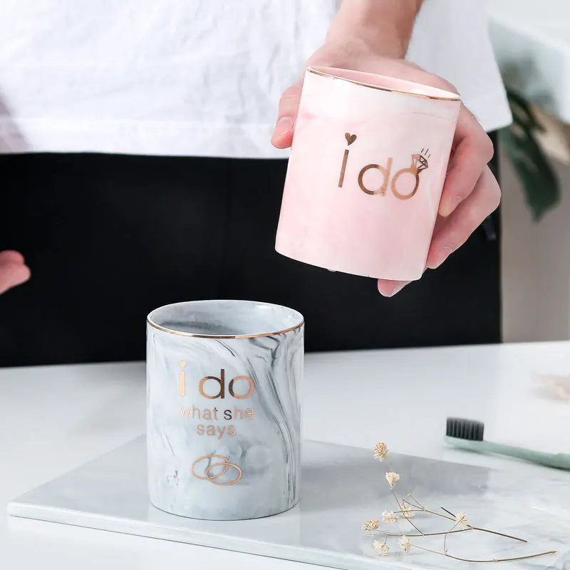 

Bathroom Tumblers Marble Tooth Glass Nordic Ceramic Toothbrush Holder Cup Couples Golden Letter Household Brush Coffee Mugs