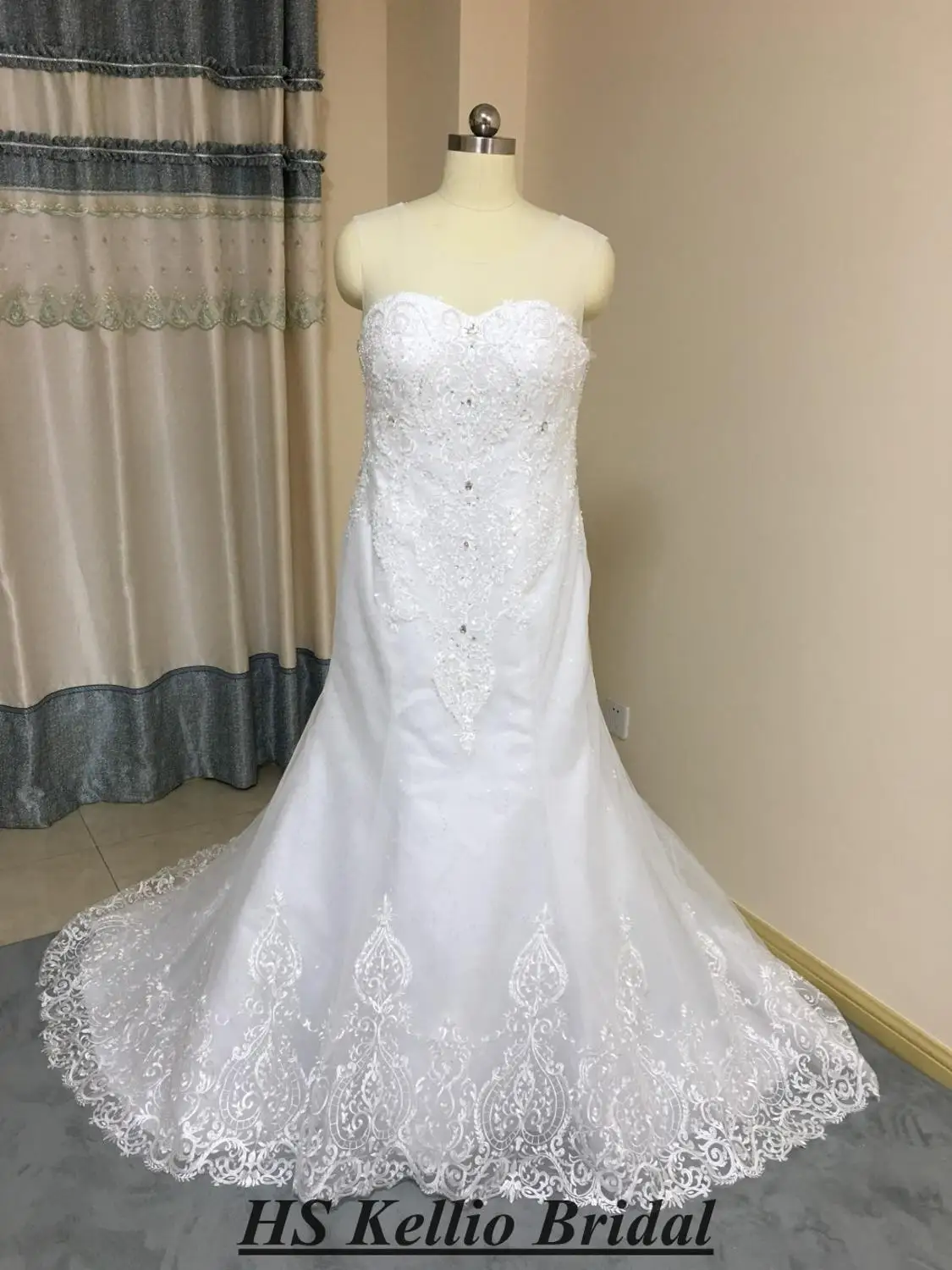 Свадебное платье с хвостом русалки украшенное бисером на заказ Vestido De Novias HS