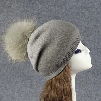 grey Шарик из меха енота, шапка, помпоны, зимняя женская шапка, шапка для девочек, вязаные шапочки, шапка высокого качества, зимняя женская Лыжная шапка - Цвет: grey