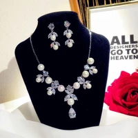 fine jewelry sets for women luxury vintage freshwater pearls cubic zirconia drop earrings necklace pendant bridal wedding bijox