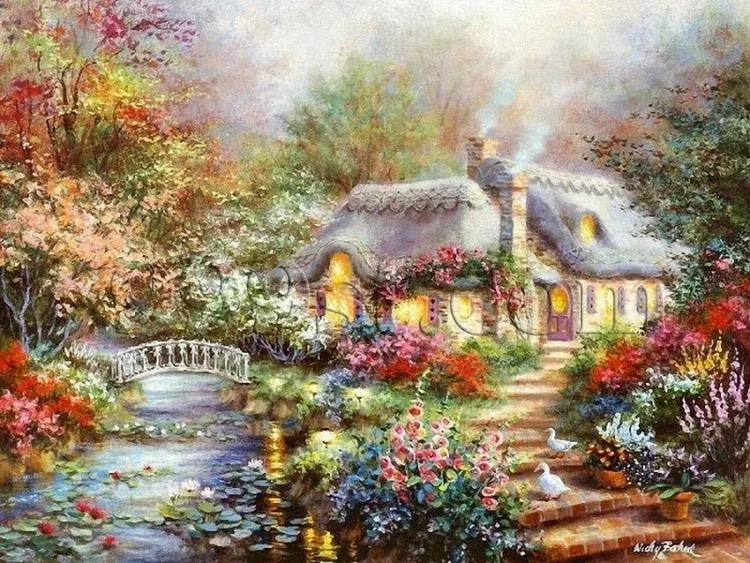 

Embroidery Oil Painting Forest Lodge Scenery Needlework Crafts 14CT Unprinted Sets DIY Cross Stitch Kits Handmade Arts Decor