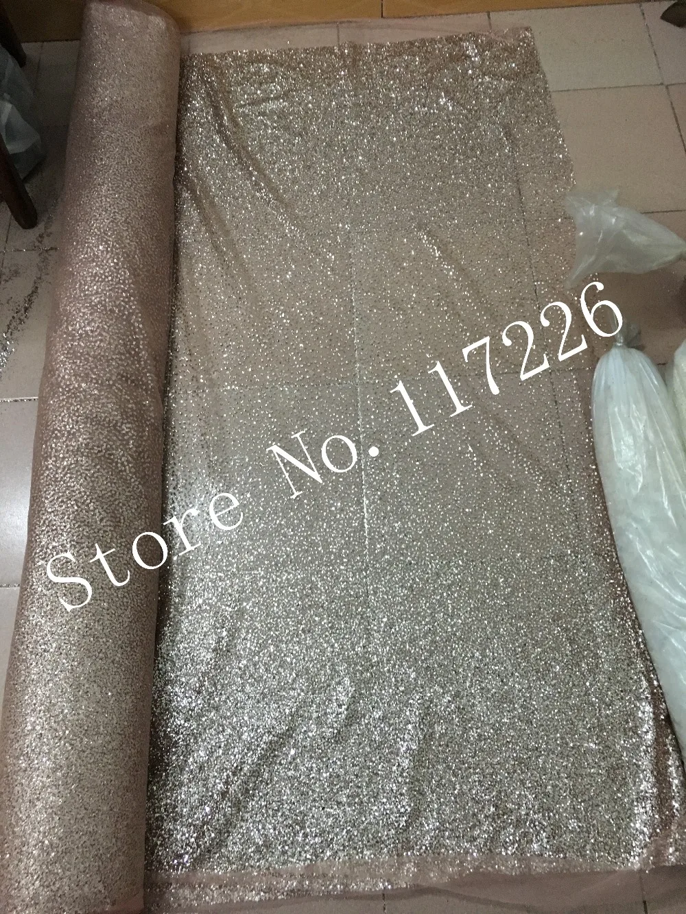 Rose gold color shining glued glitter sequins lace fabric african tulle mesh for wedding dress/evening dress | Дом и сад