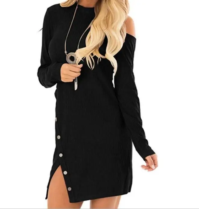 

Autumn Winter Dresses Women O-Neck Long Sleeve Casual Slim Knitted Sweater Side Split Button Sexy Pencil Dress