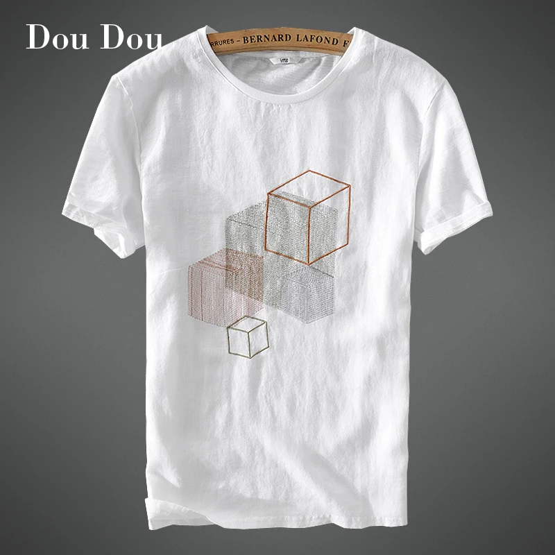 Dou 2018 New Shirt Men T Shirts Top Linen Fashion Slim stretch Vintage Casual white Loose Round neck Breathable Beach | Мужская одежда