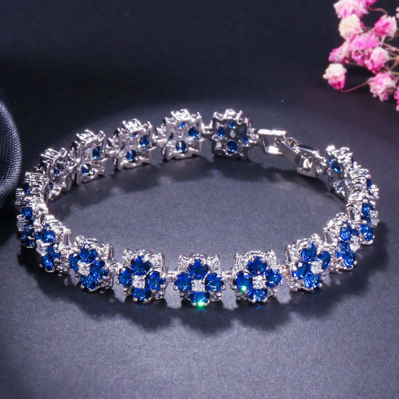 Dark Blue BeaQueen красивый желтый цветок соединен кубический циркон Хрустальный Теннисный браслет серебряный цвет свадебные украшения для женщин B134 - Окраска металла: Dark Blue