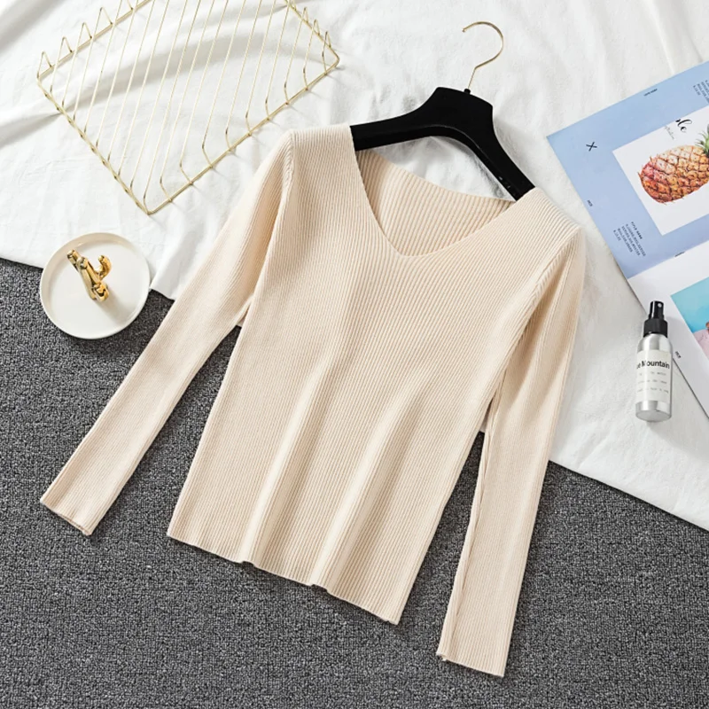 LJSXLS Women Solid Sweater Long Sleeve Fashion Tops Warm Woman Slim Sexy V Neck Knitted Pull Femme Poleras Sueter 2022 | Женская одежда