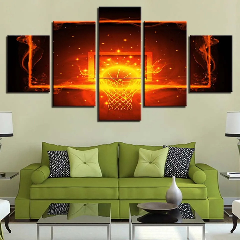 Frame Printed Wall Art Painting 5 Piece Flame Basketball Decoration For Living Room Canvas Picture Modular Sporting Goods Poster | Дом и сад