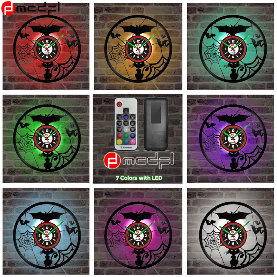 Halloween Party Decorative Accessory Bat Cat Wall Sticker LED Light Vinyl Vintage Clock Luminova Duvar Saati with Free Gift |