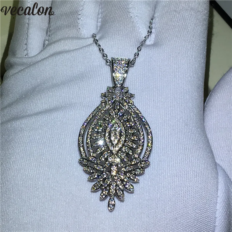 Vecalon Charm Flower pendant White Gold Filled AAAAA zircon Wedding Engagement Pendants with necklace for Women Bridal Jewelry | Украшения