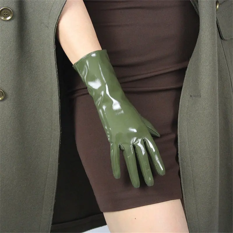 patent leather green 28 см перчатки с сенсорным экраном средней и длинной секцией из искусственной лакированной кожи, яркие черные теплые кофейные коричневые перчатки WPU119 - Цвет: patent leather green