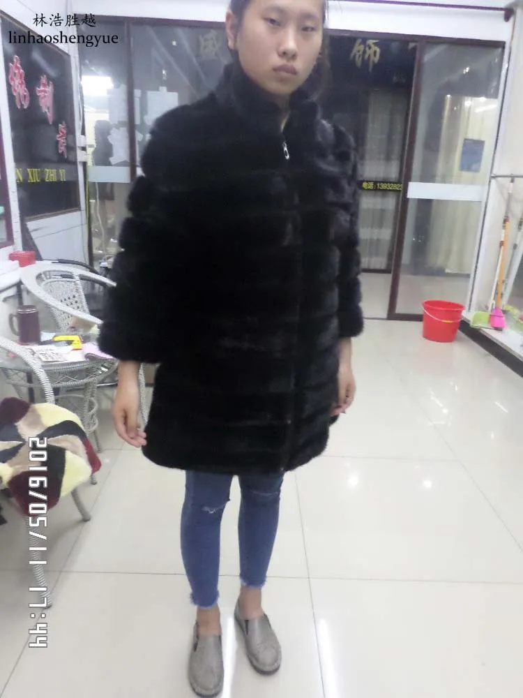Linhaoshengyue The True of 90CM    Long Real Nature Mink Fur Coat Womem Mink Fur Long Coat 50cm Sleeve