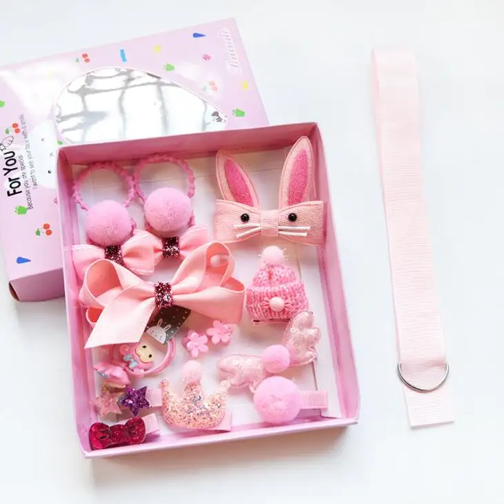 Pink boxed 18 шт./кор. дети милые женские аксессуары для волос комплект ткани для младенцев с цветочным узором и бантом, заколки для волос для девочек, повязка на голову в подарок - Цвет: Pink boxed