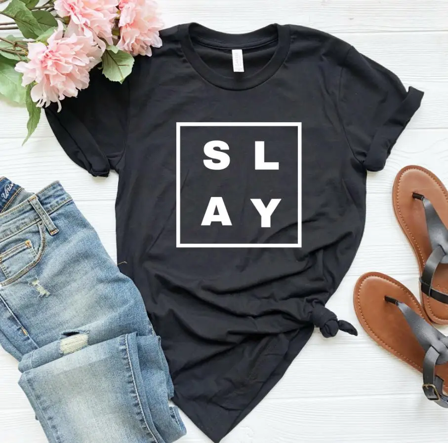 

Женская футболка Slay, повседневная хлопковая хипстерская забавная футболка для леди, Yong, Женский Топ, футболка, Прямая поставка