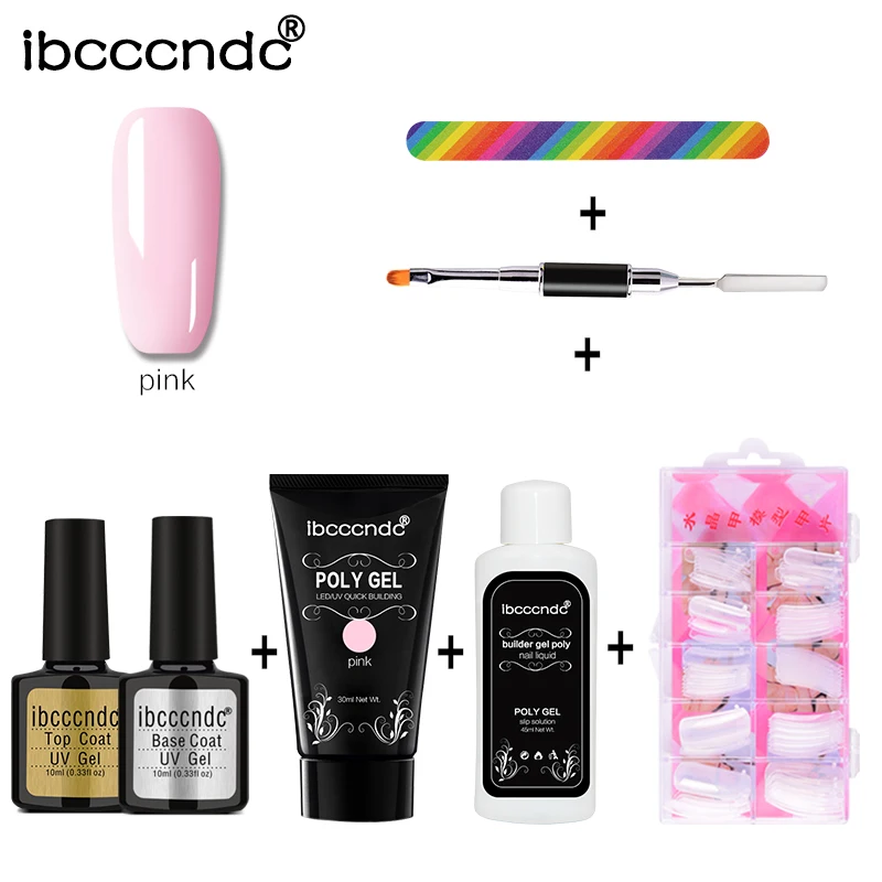 Набор для быстрого наращивания полигеля 30 мл базовое и верхнее покрытие розовый