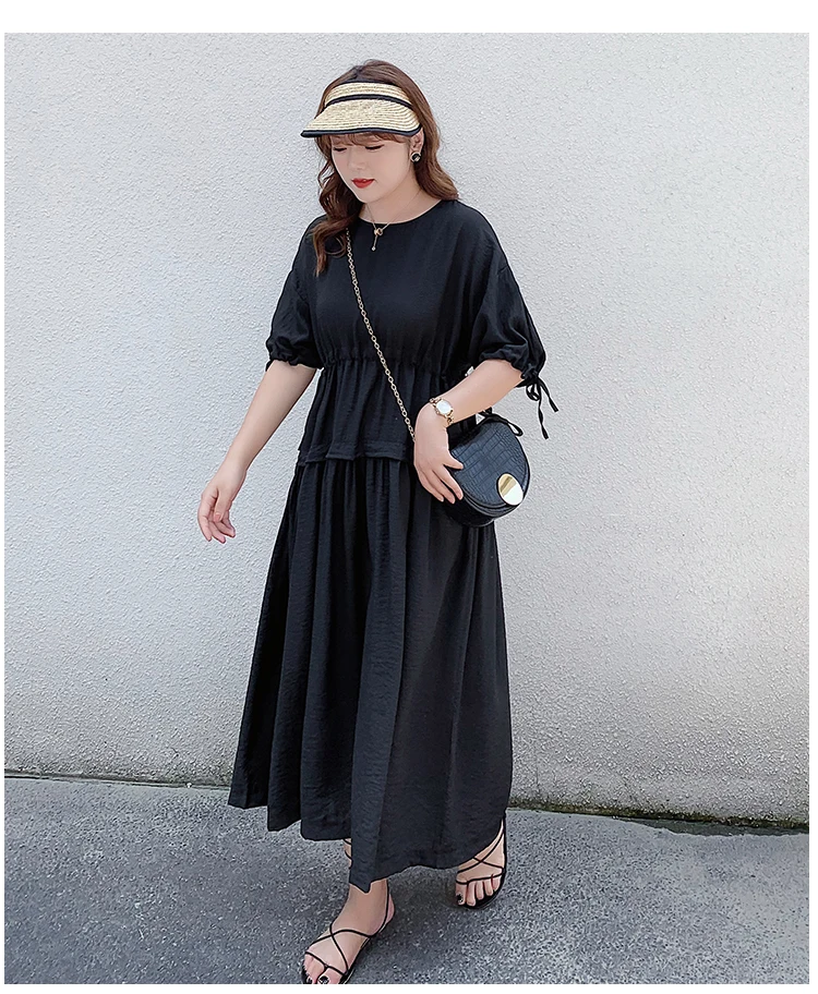 black WLD2174 XITAO лоскутное Плиссированное черное платье со шнурком свободная удобная женская одежда миди платье с круглым вырезом и пышными рукавами лето WLD2174 - Цвет: black WLD2174
