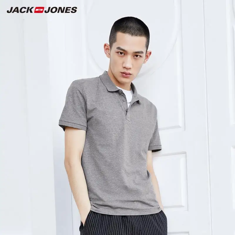 MID GREY MELANGE JackJones Мужская однотонная хлопковая рубашка поло с отложным воротником, мужская одежда 219106516 - Цвет: MID GREY MELANGE