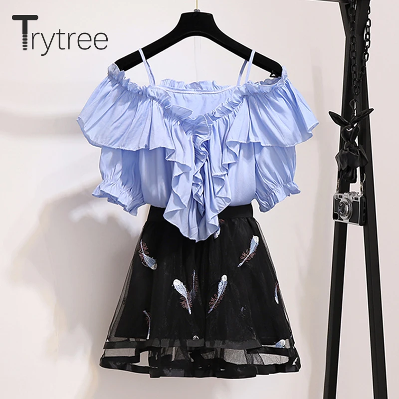 Trytree летний женский костюм из двух предметов косой вырез с оборками Топы с рукавами-буффами+ юбки телефонный чехол с выгравированным пером комплект лиф на резинке+ мини юбка Повседневное комплект из 2 частей