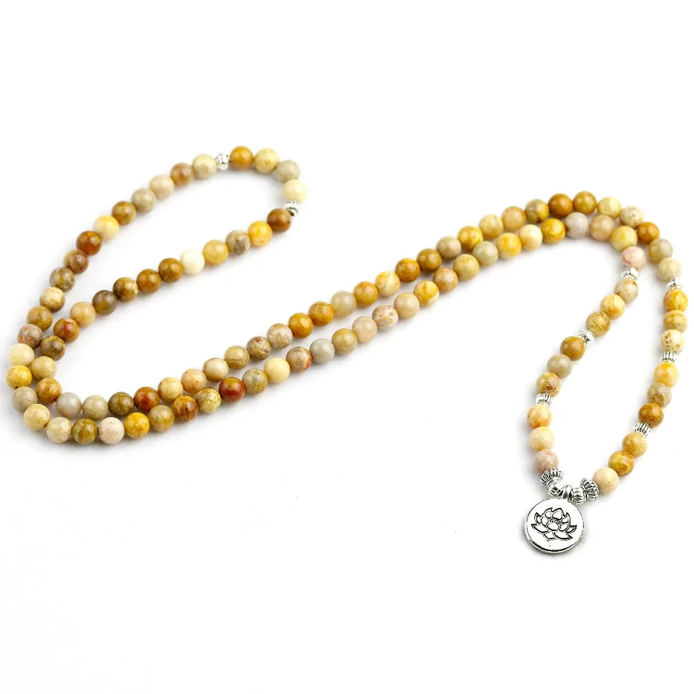 Женский Браслет из Фоссилизированного Коралла 6 мм с 108 Мала Бусинами или Ожерельем Женщин Мужчин, Украшенный Лотосом, Ювелирные Изделия, Подарок на День Рождения для Йоги.