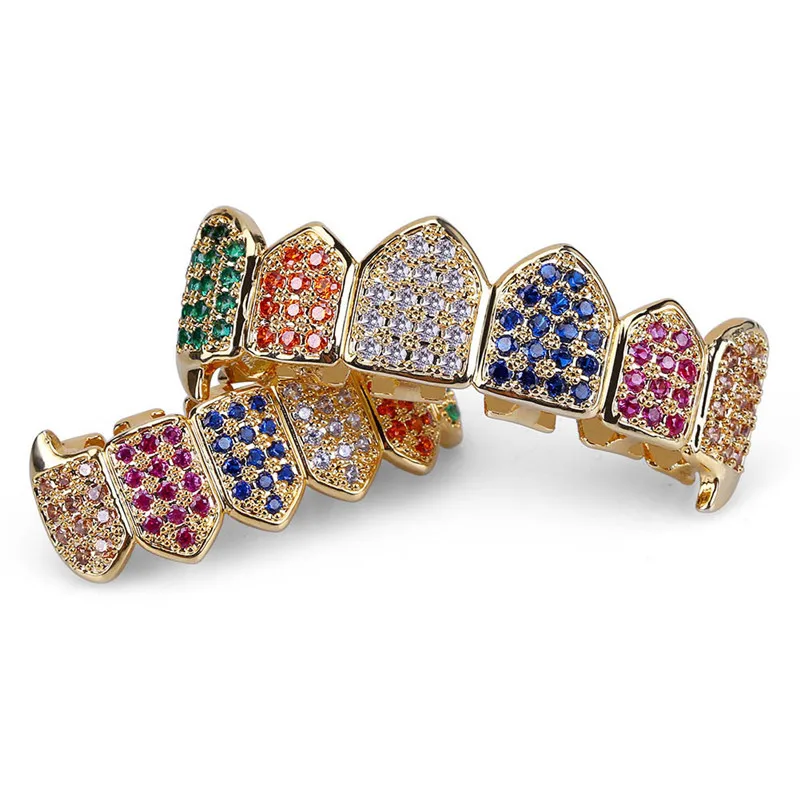 Разноцветные зубы Grillz Iced Out AAA циркон сверху и снизу набор зубов для мужчин и женщин подарки Мода вампирский зуб Grillz