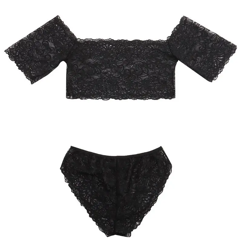Women Black Sexy Lingerie Lace Off-shoulder Long Sleeve Short Tight Top+Pants Underwear Nightwear | Тематическая одежда и