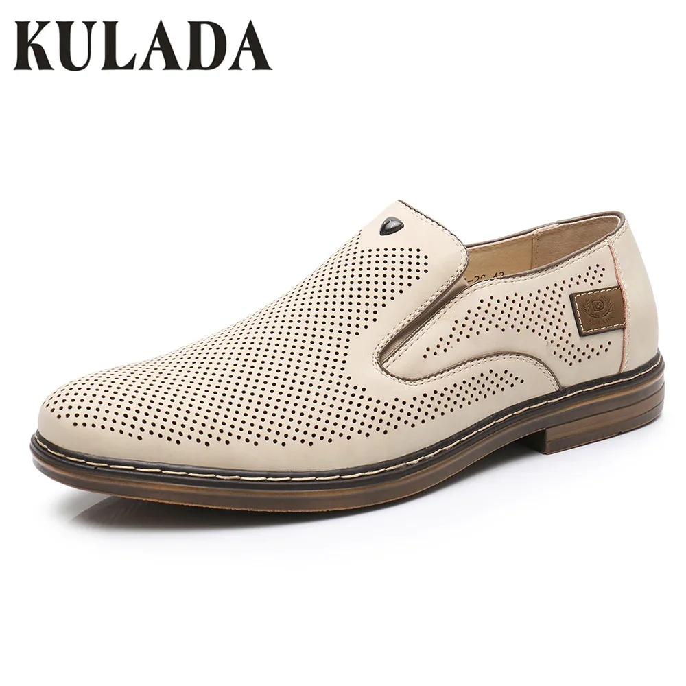 KULADA Летняя обувь Для мужчин кожаные открытые сандалии Slip-On Fashion-Лоферы мужские