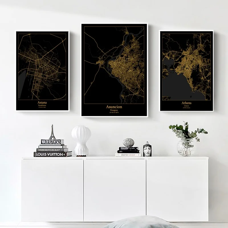 Astana Kazakhstan Asuncion Paraguay Athens Greece Modern City Gold Map Canvas Art Print Home Room Decor Poster | Дом и сад