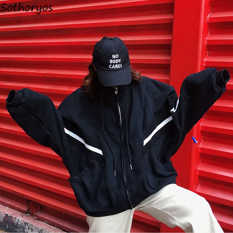 

Hoodies Women Harajuku Plus Velvet Loose Zip-up Stand Zipper BF Trendy All-match Womens Coats Chic Student Warm Simple Korean