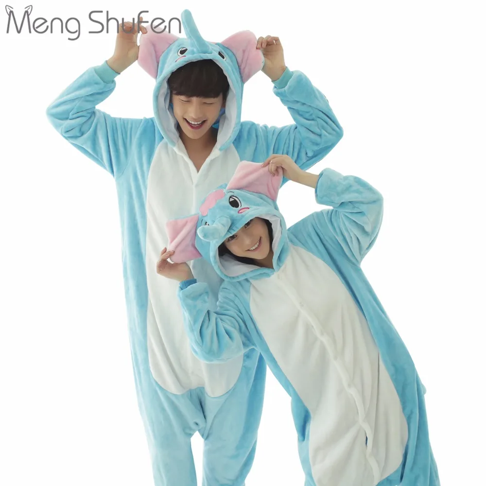 2017 унисекс взрослого слона пижамы мультфильм Onesie Симпатичные капюшоном фланель