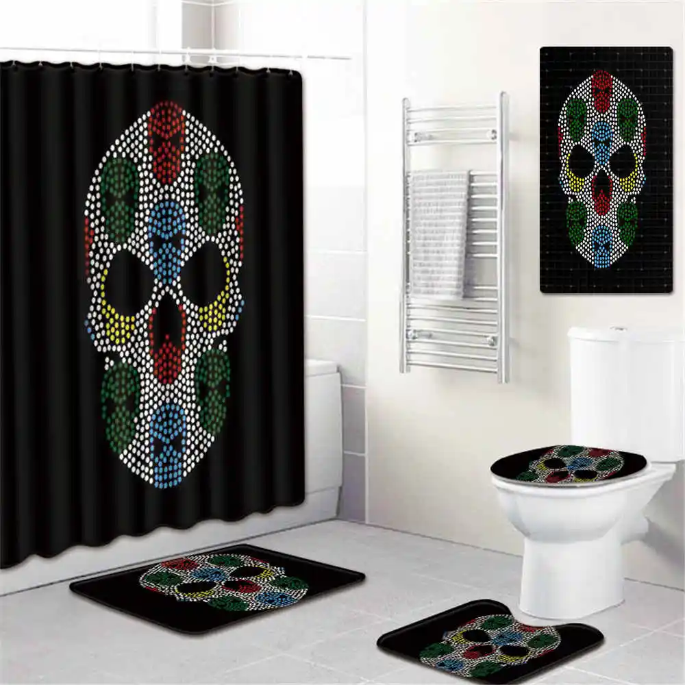 5Pcs/Set 3D Skull Shower Curtain Bath Rug Set Toilet Cover Bath Mat Set Bathroom Accessories Curtains With Hooks - Цвет: No-7