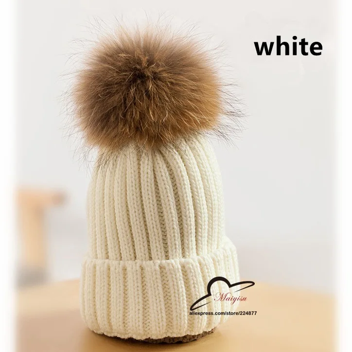 Мягкая детская трикотажная шапка с помпонами из норки енота помпон натурального
