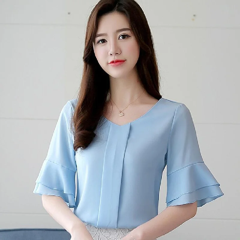 2018 Женские топы и блузки летняя шифоновая блузка с расклешенными рукавами