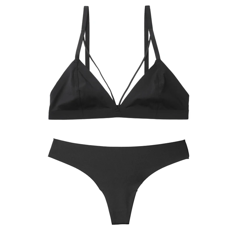BLACK Lilymoda, женский бюстгальтер без косточек, бюстье, комплект нижнего белья, бюстгальтер с глубоким вырезом и стринги, бесшовный, треугольный, без косточек, Ультра тонкое нижнее белье с трусами - Цвет: BLACK