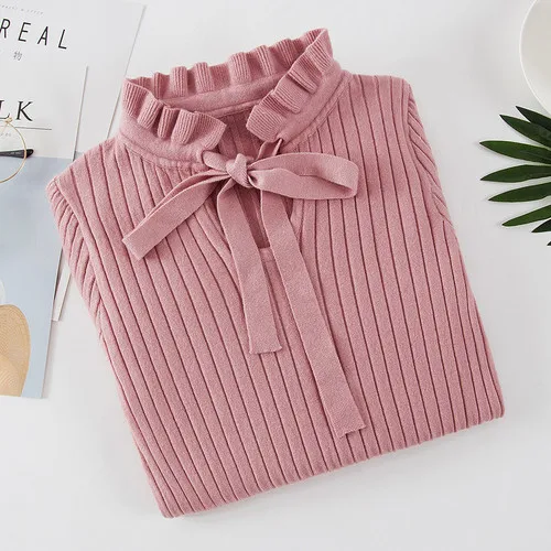 pink Трикотажная Женская водолазка с длинным рукавом, наушники, облегающие топы, галстук-бабочка, половина водолазки, свитер для женщин, женские свитера, зима - Цвет: pink