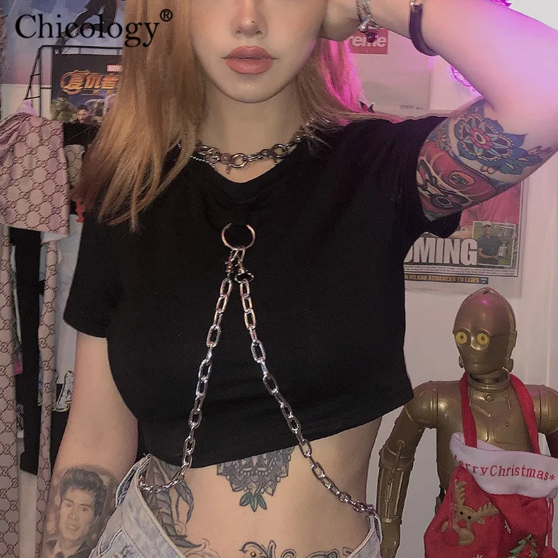 Женская футболка с коротким рукавом Chicology chain готический укороченный топ из