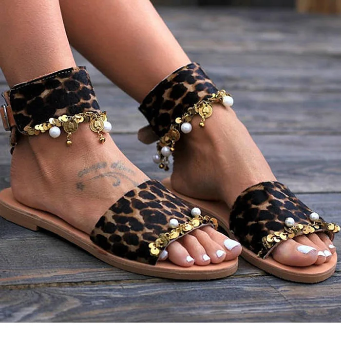 Женские летние сандалии на плоской подошве Leopard блестки бисером Повседневная обувь пикантные Туфли без каблуков