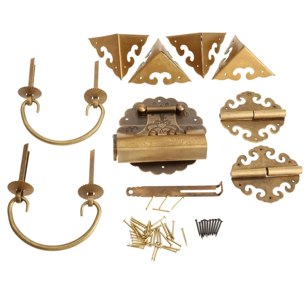 

Chinese Brass Furniture Hardware Set Antique Wooden Box Knobs and Handles +Hinges +Latch +Lock+U-shaped Pin+Corner Protector