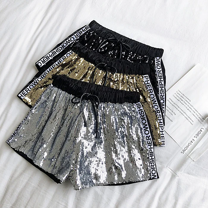 2019 New Fashion Summer Short Pants Casual Wear Sequins Letter Printing High Waist Shorts Women Skateboard Sexy Female | Женская одежда