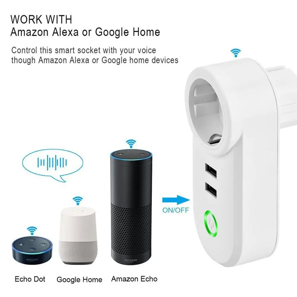 WiFi Smart Plug With Dual USB Ports Timing Socket Voice Control Wireless Time Switch For Amazon Alexa Echo Dot Google Home | Обустройство
