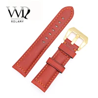 rolamy 22 24mm red real leather handmade replacement thick vintage wrist watch band strap with gold color brushed buckle