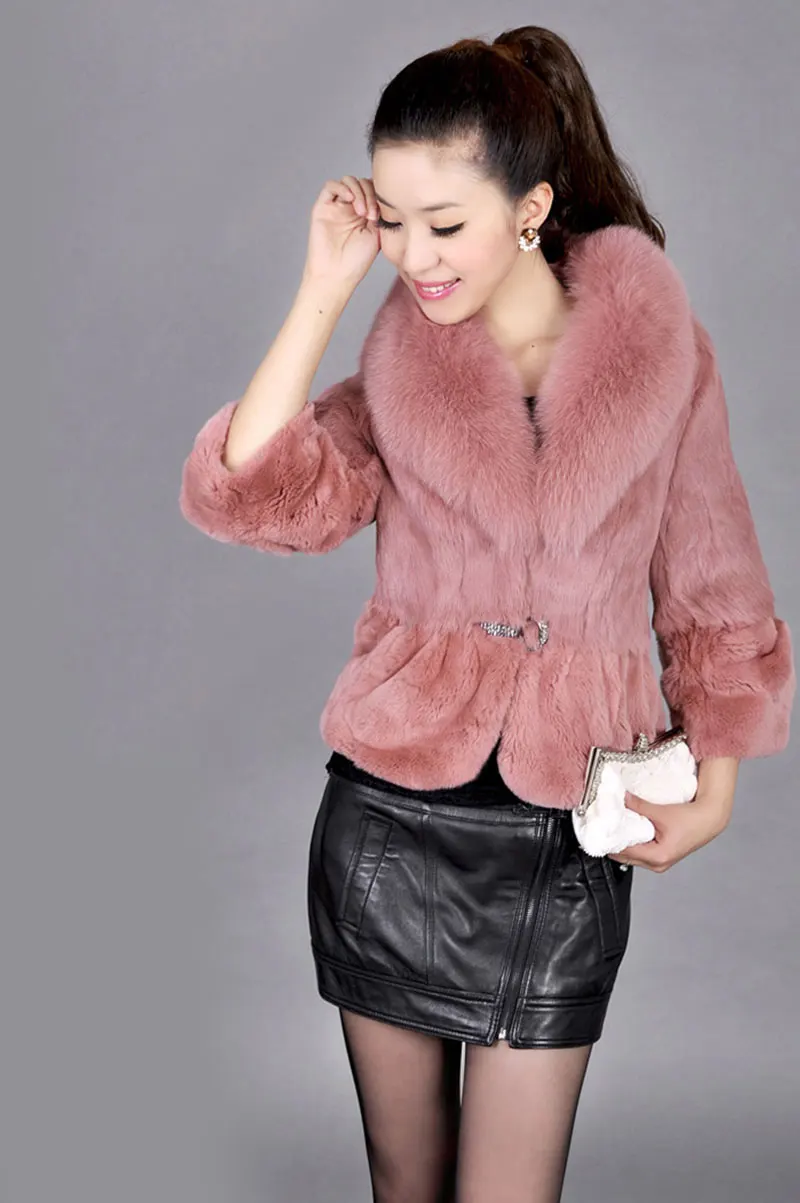 Winter Women Fur Coat With Fox Collar Three Quarter Slim Short Genuine Rex Rabbit Coats Jackets Real Womens Clothing | Женская одежда