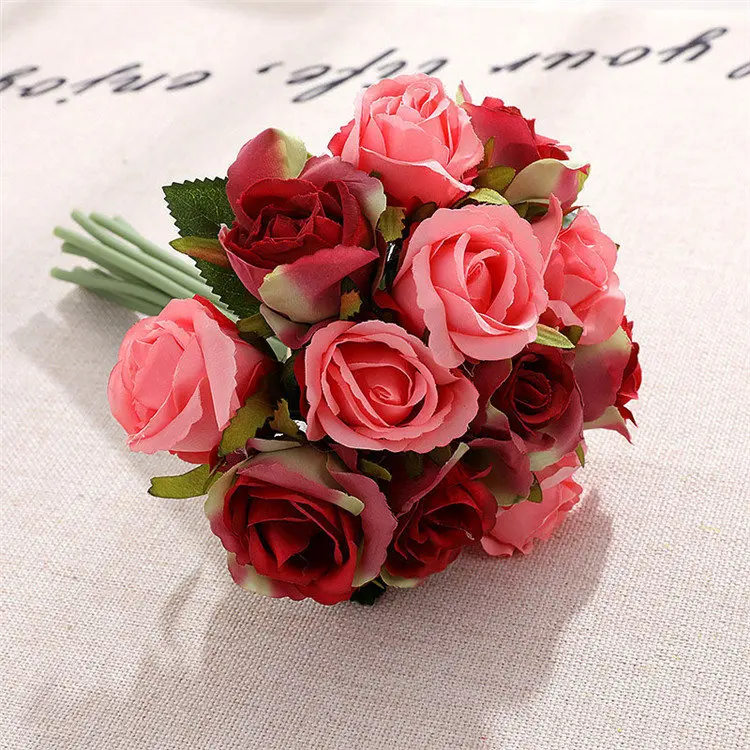 Rose-Red 12 головок свадебный букет белый зеленый роза искусственный свадебный букет синий Свадебные аксессуары подружек невесты цветок Mariage поставки - Цвет: Rose-Red