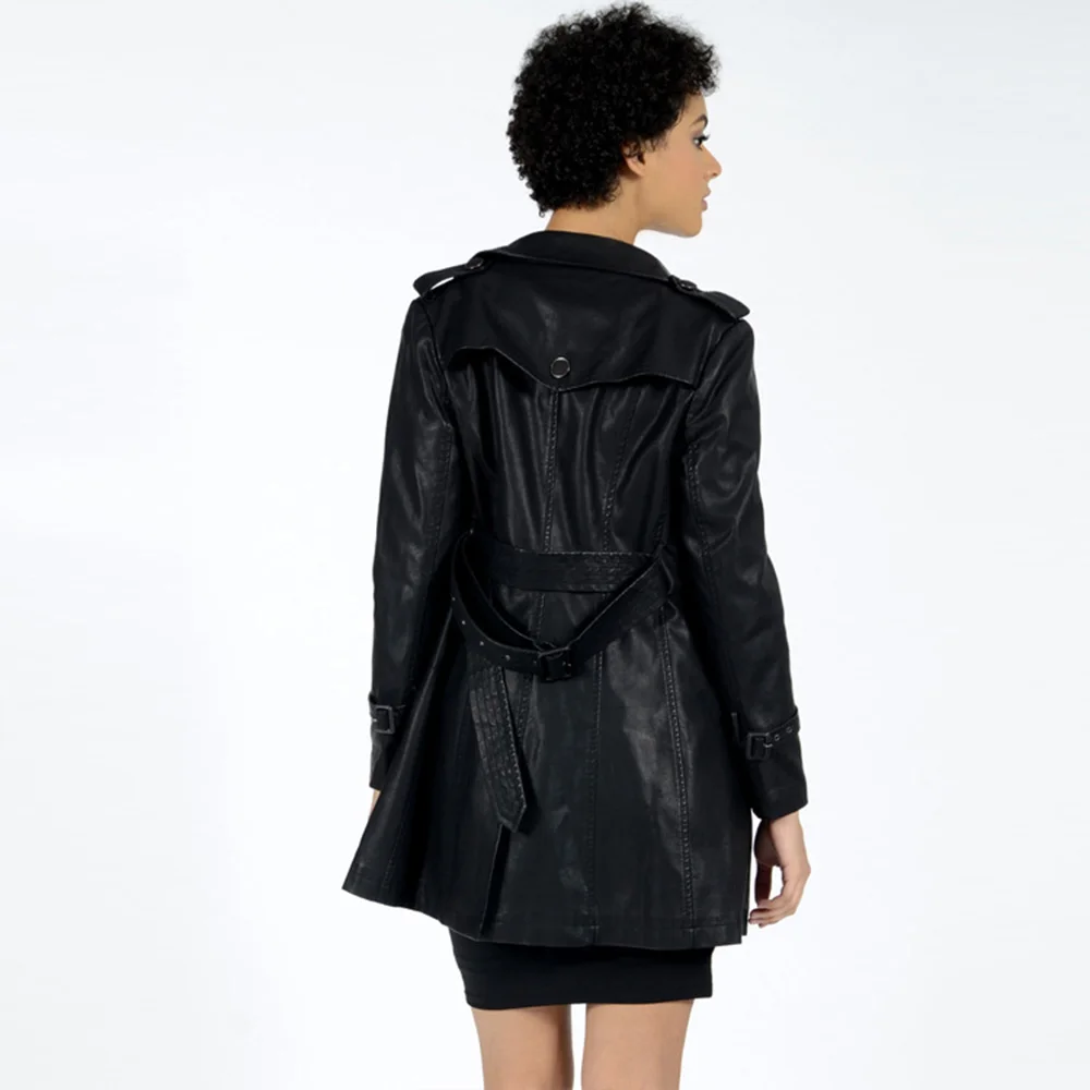 

Nice Autumn PU Leather Jacket Black Nice Lapel Sash Button Plus Size Elegant Fashion Mid-Length Faux Leather Coat Outerwears